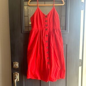 Red Cotton Button-Down Dress L